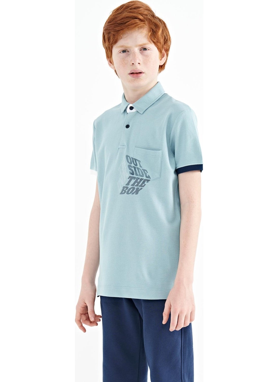Light Blue Front Pocket Detailed Printed Standard Size Polo Collar Boy's T-Shirt - 11102