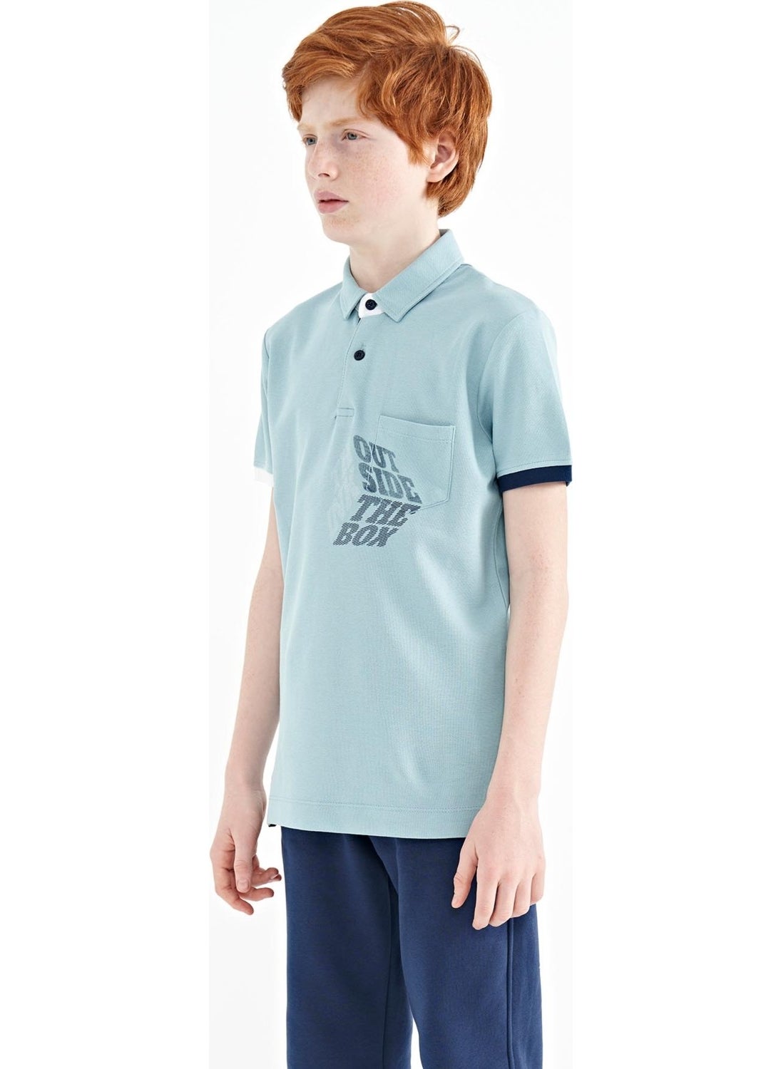 Light Blue Front Pocket Detailed Printed Standard Size Polo Collar Boy's T-Shirt - 11102