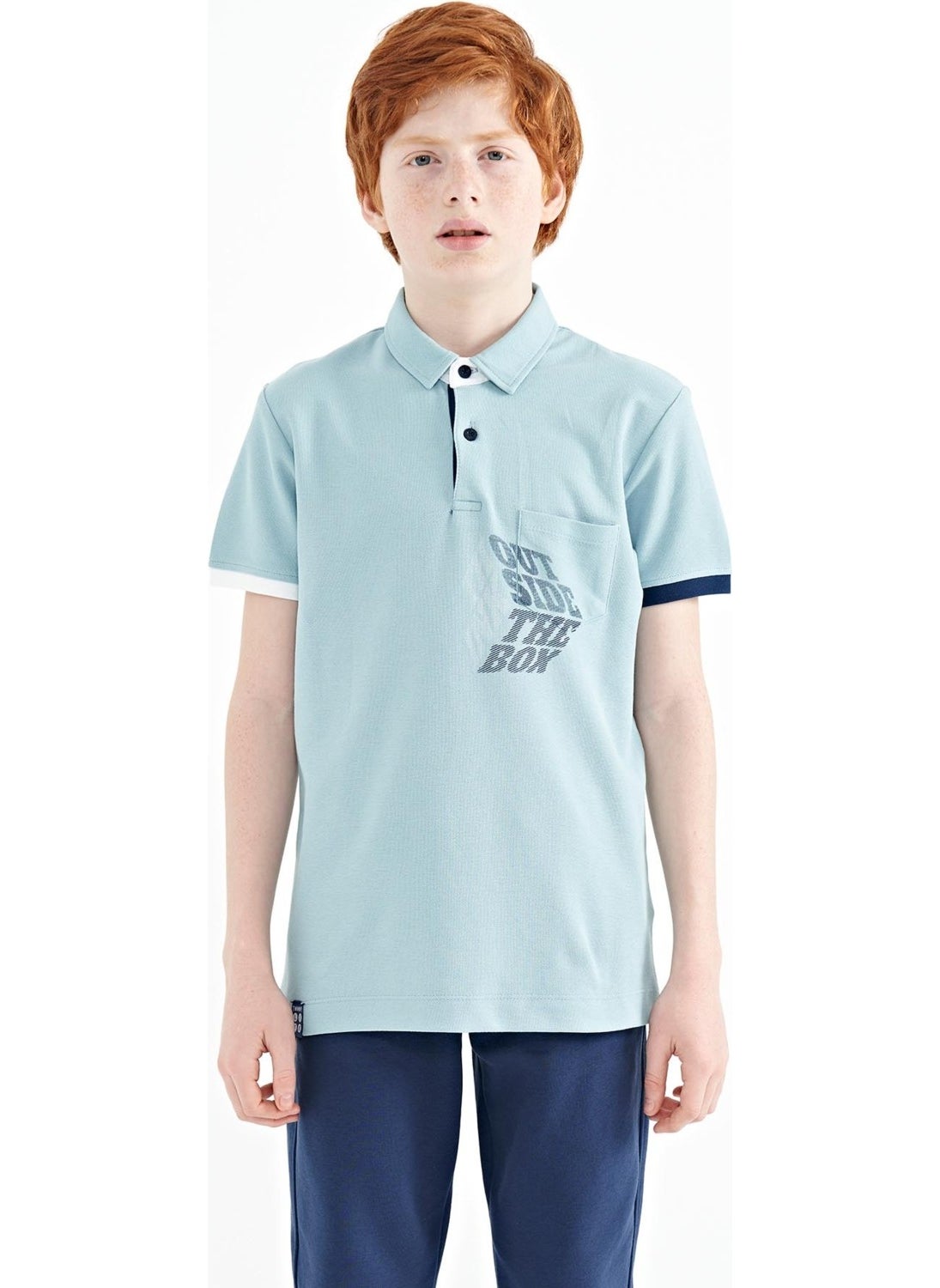 Light Blue Front Pocket Detailed Printed Standard Size Polo Collar Boy's T-Shirt - 11102