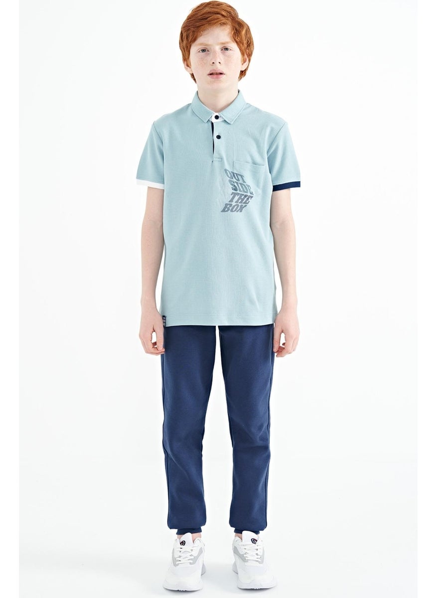 Light Blue Front Pocket Detailed Printed Standard Size Polo Collar Boy's T-Shirt - 11102
