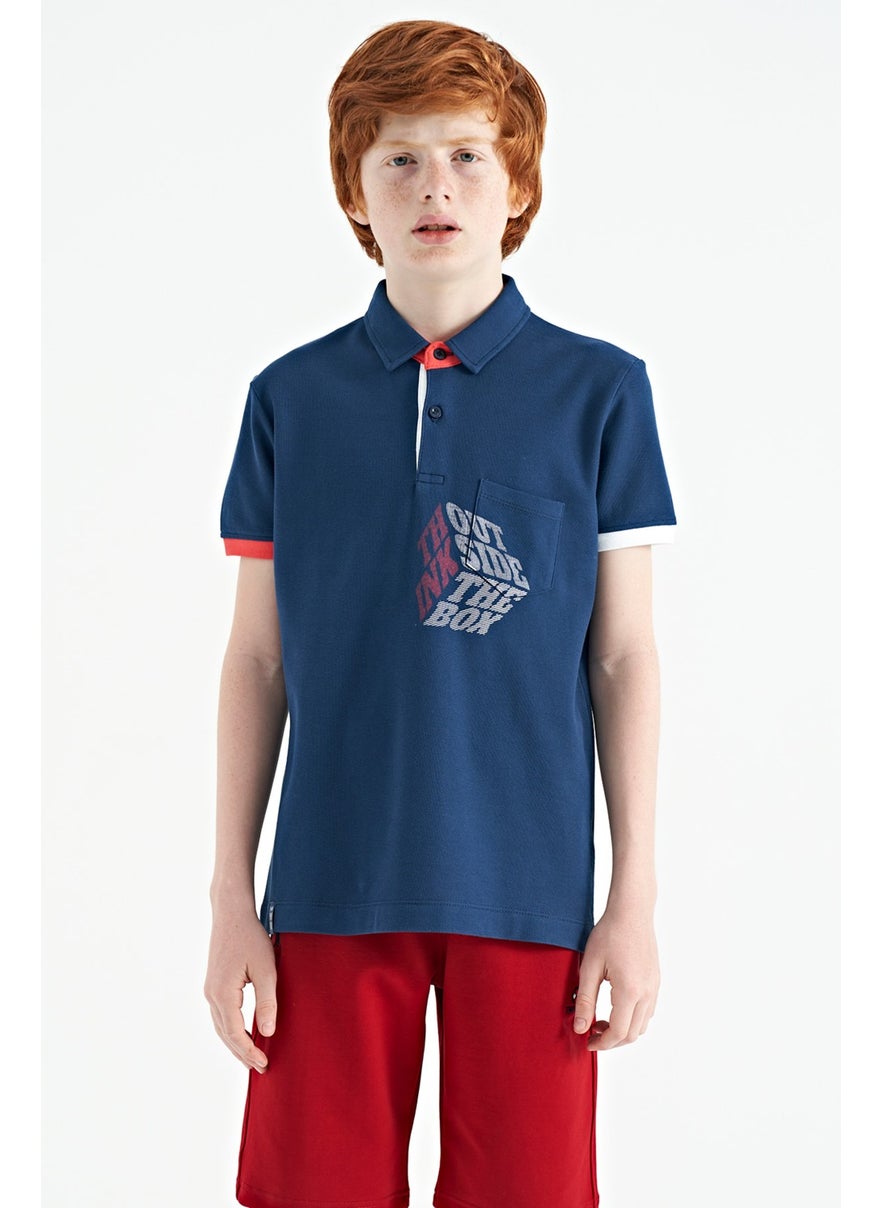Indigo Front Pocket Detailed Printed Standard Size Polo Collar Boy's T-Shirt - 11102