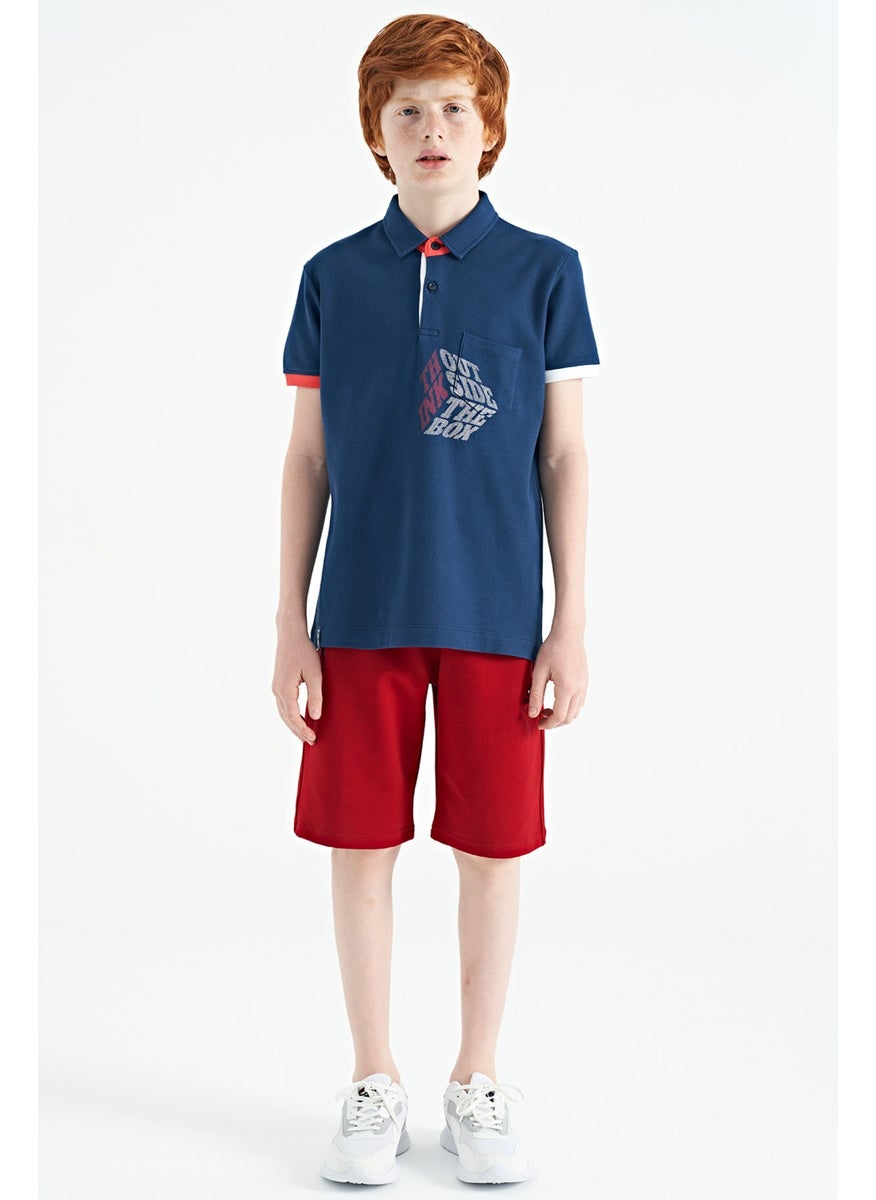 Indigo Front Pocket Detailed Printed Standard Size Polo Collar Boy's T-Shirt - 11102
