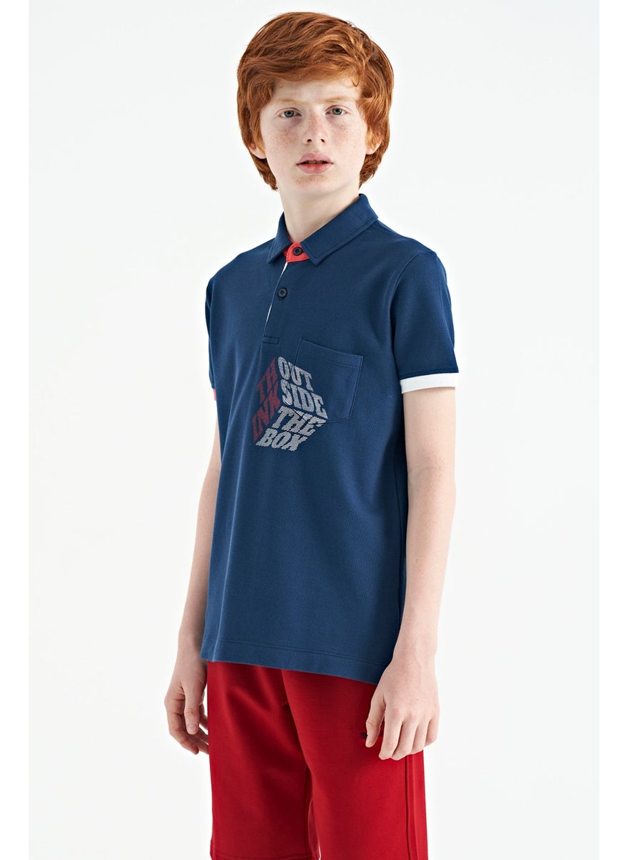 Indigo Front Pocket Detailed Printed Standard Size Polo Collar Boy's T-Shirt - 11102