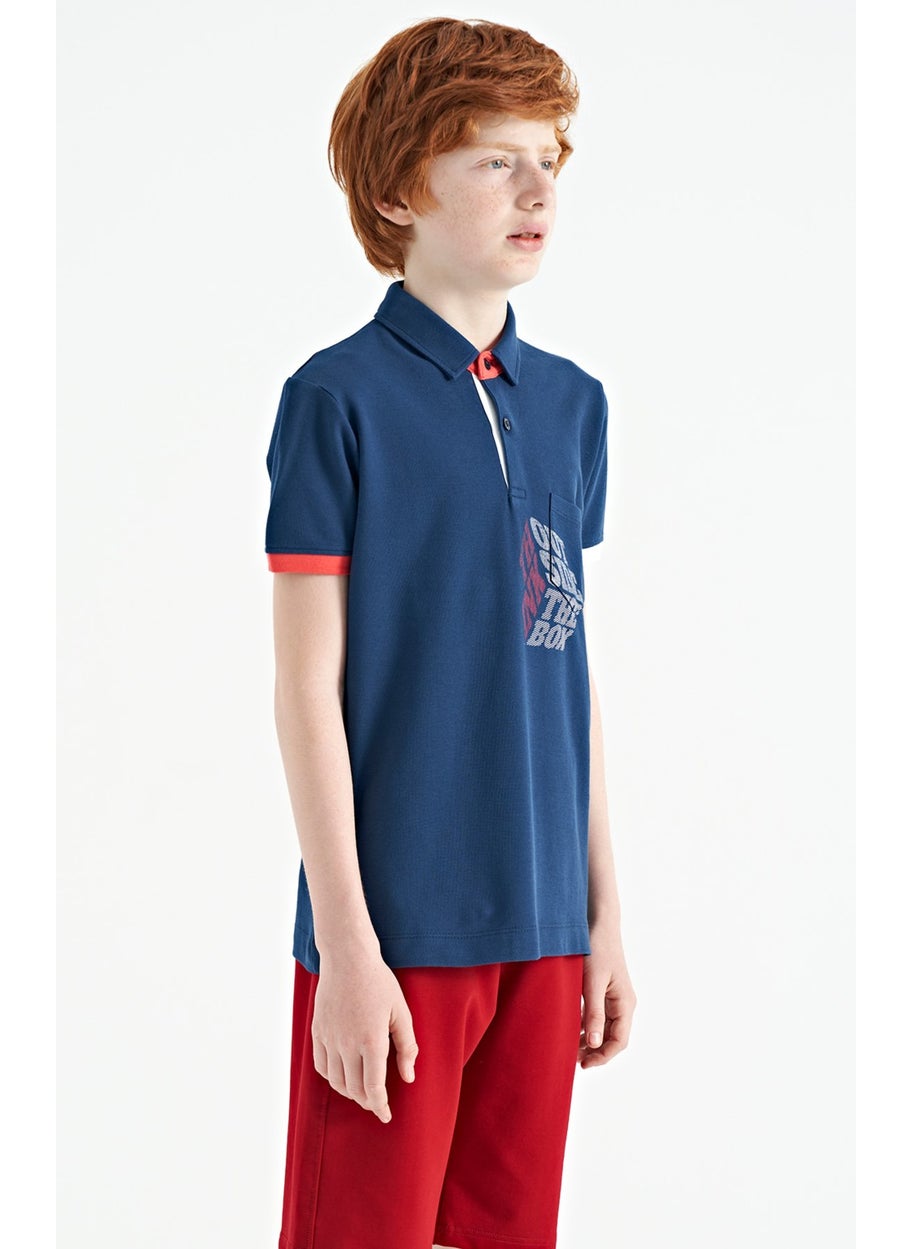 Indigo Front Pocket Detailed Printed Standard Size Polo Collar Boy's T-Shirt - 11102