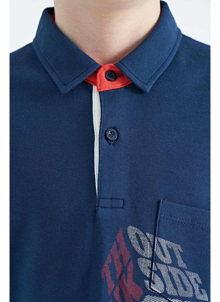 Indigo Front Pocket Detailed Printed Standard Size Polo Collar Boy's T-Shirt - 11102
