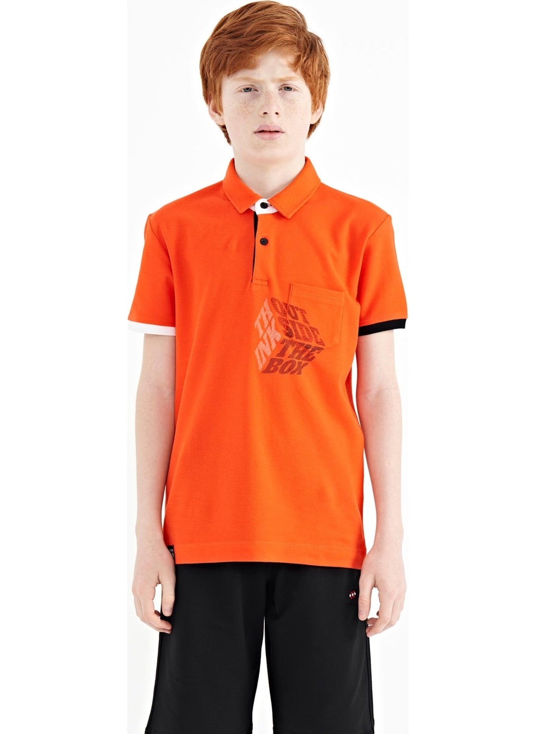 Orange Front Pocket Detail Printed Standard Size Polo Collar Boy's T-Shirt - 11102