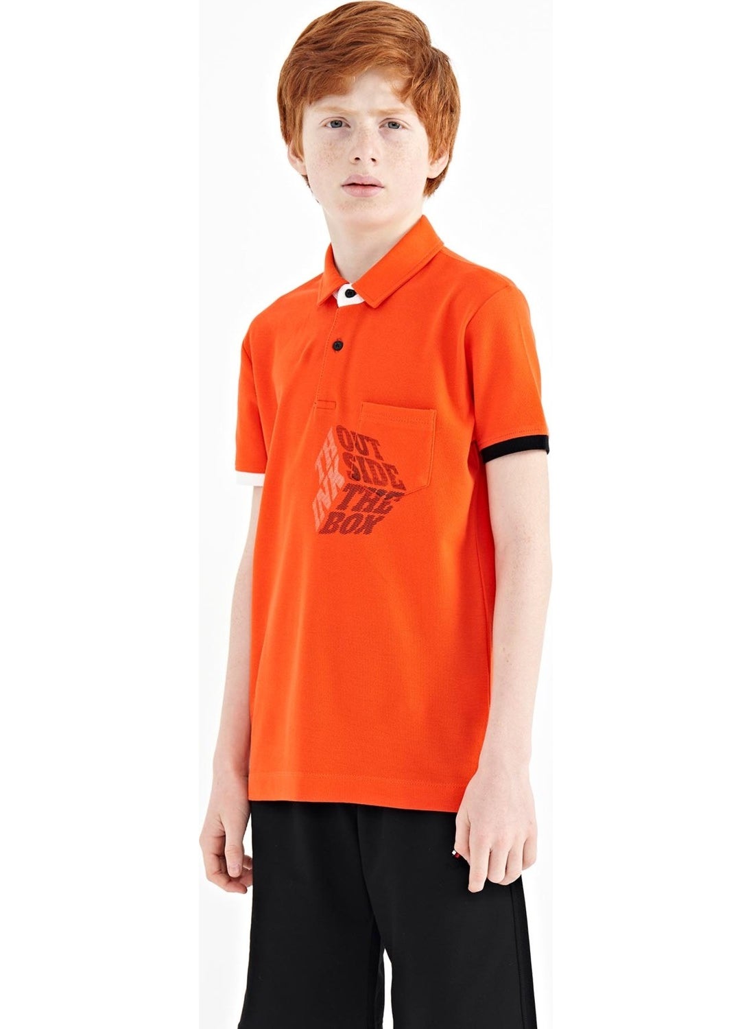 Orange Front Pocket Detail Printed Standard Size Polo Collar Boy's T-Shirt - 11102