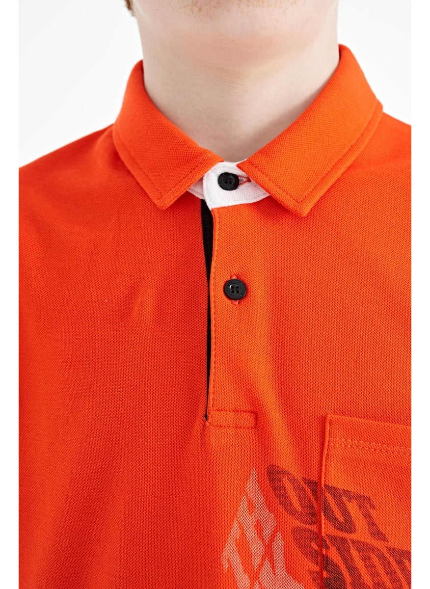 Orange Front Pocket Detail Printed Standard Size Polo Collar Boy's T-Shirt - 11102