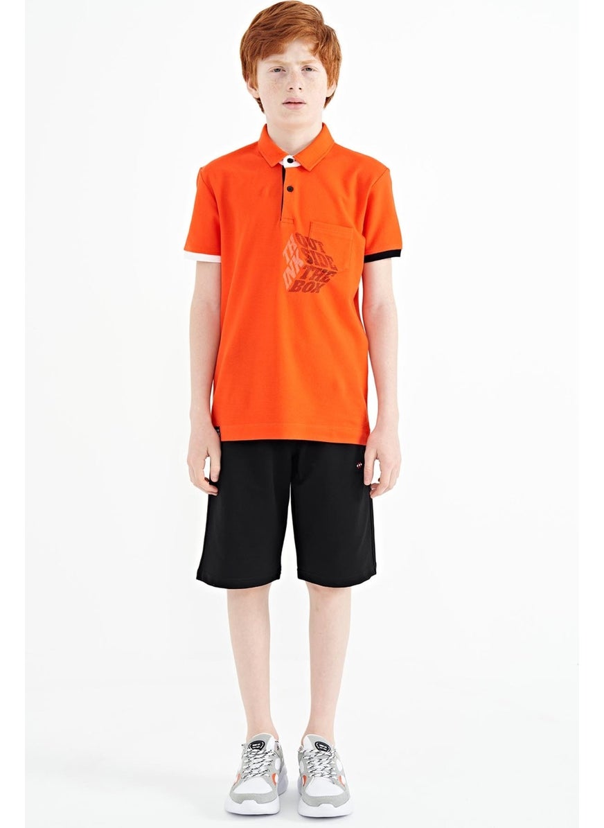 Orange Front Pocket Detail Printed Standard Size Polo Collar Boy's T-Shirt - 11102