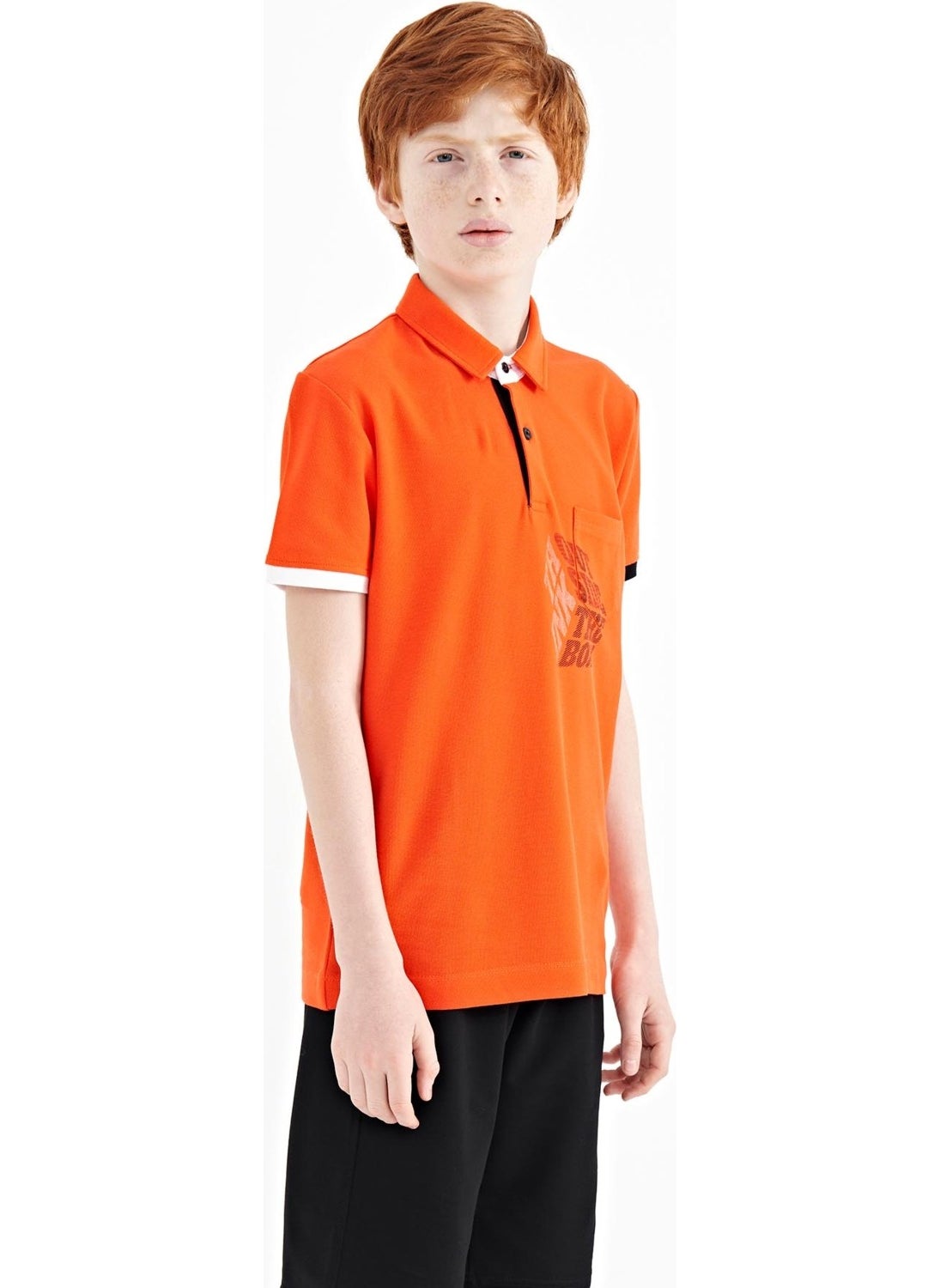 Orange Front Pocket Detail Printed Standard Size Polo Collar Boy's T-Shirt - 11102