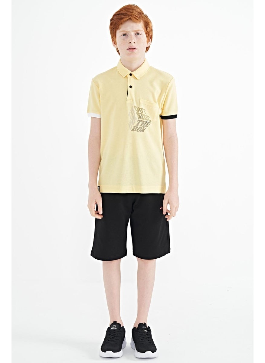 Yellow Front Pocket Detailed Printed Standard Size Polo Collar Boy's T-Shirt - 11102