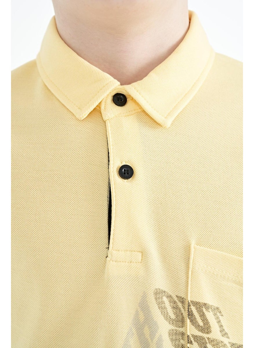 Yellow Front Pocket Detailed Printed Standard Size Polo Collar Boy's T-Shirt - 11102