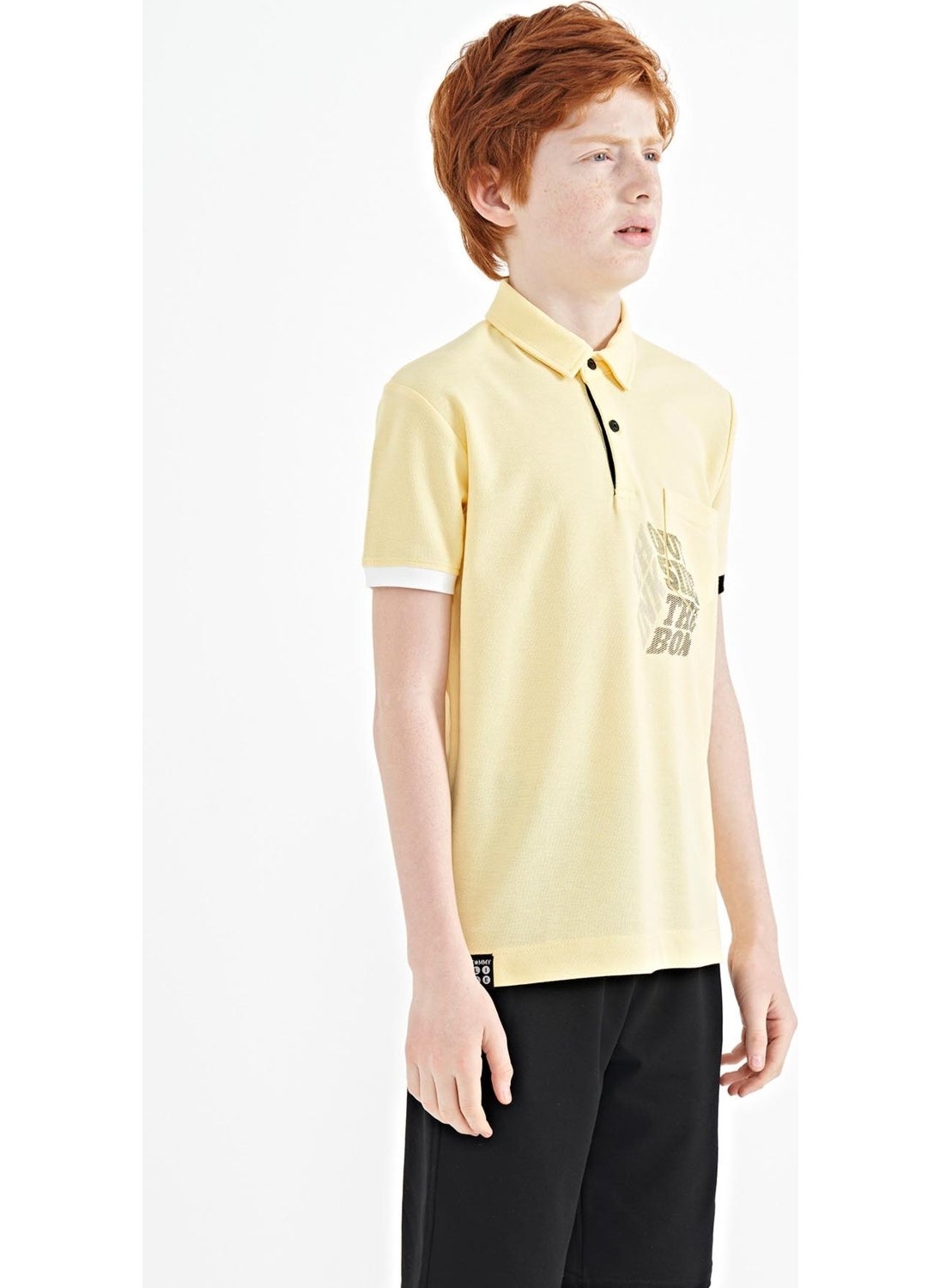 Yellow Front Pocket Detailed Printed Standard Size Polo Collar Boy's T-Shirt - 11102