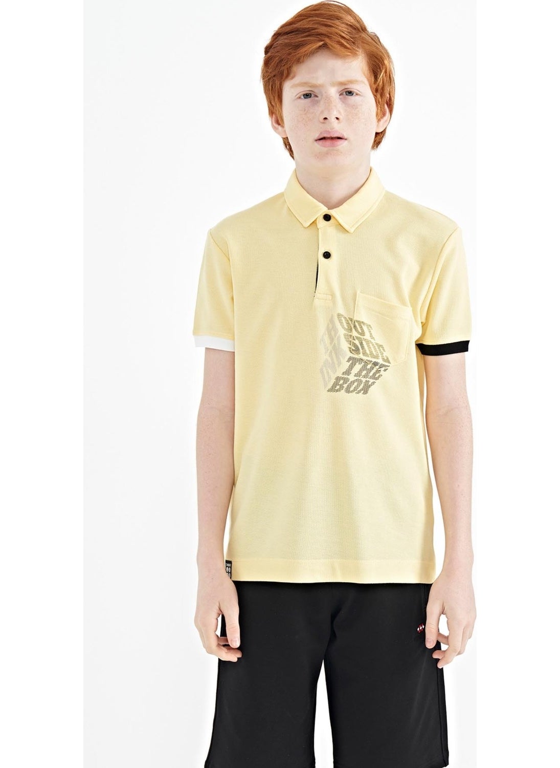 Yellow Front Pocket Detailed Printed Standard Size Polo Collar Boy's T-Shirt - 11102