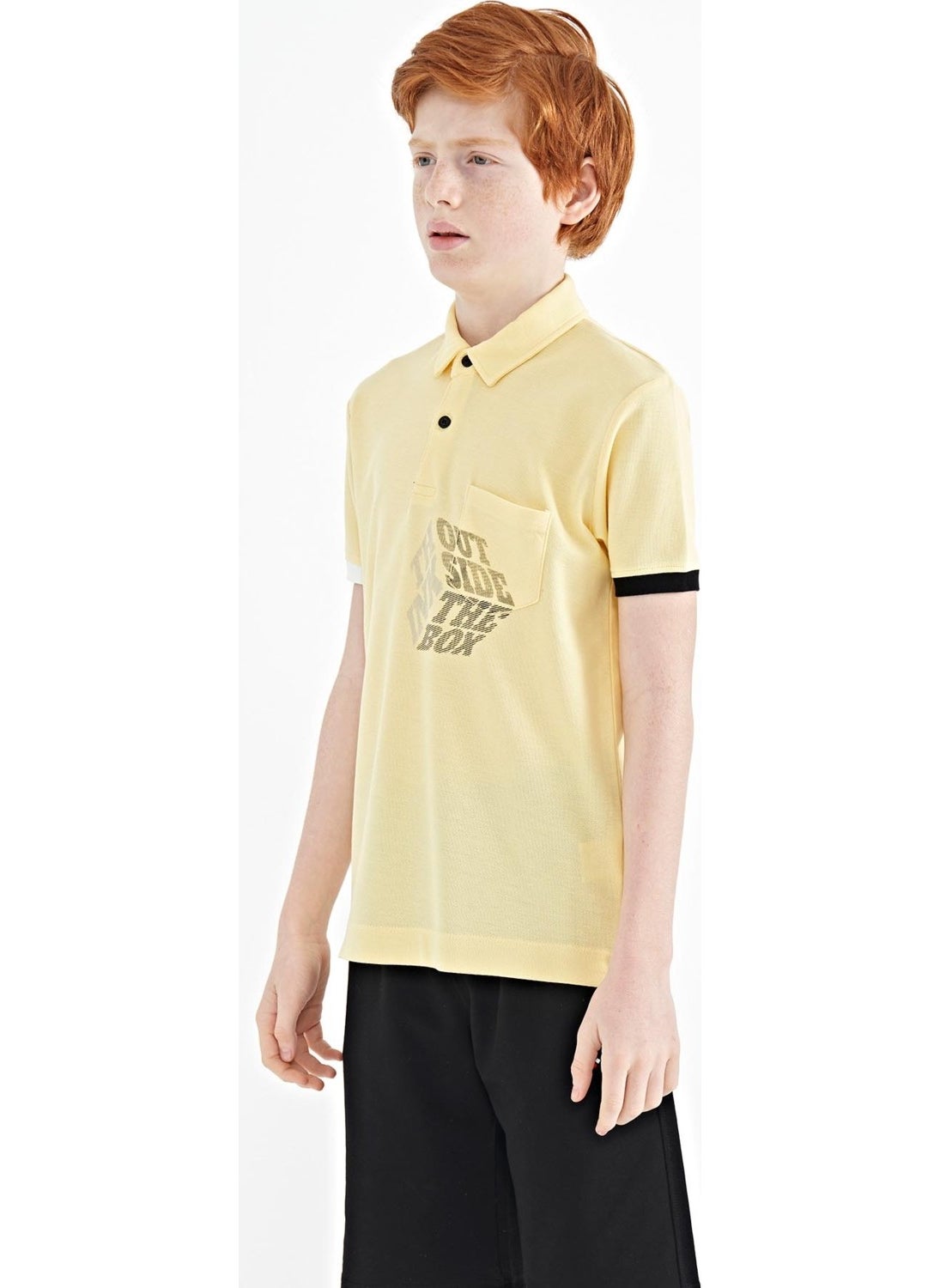 Yellow Front Pocket Detailed Printed Standard Size Polo Collar Boy's T-Shirt - 11102