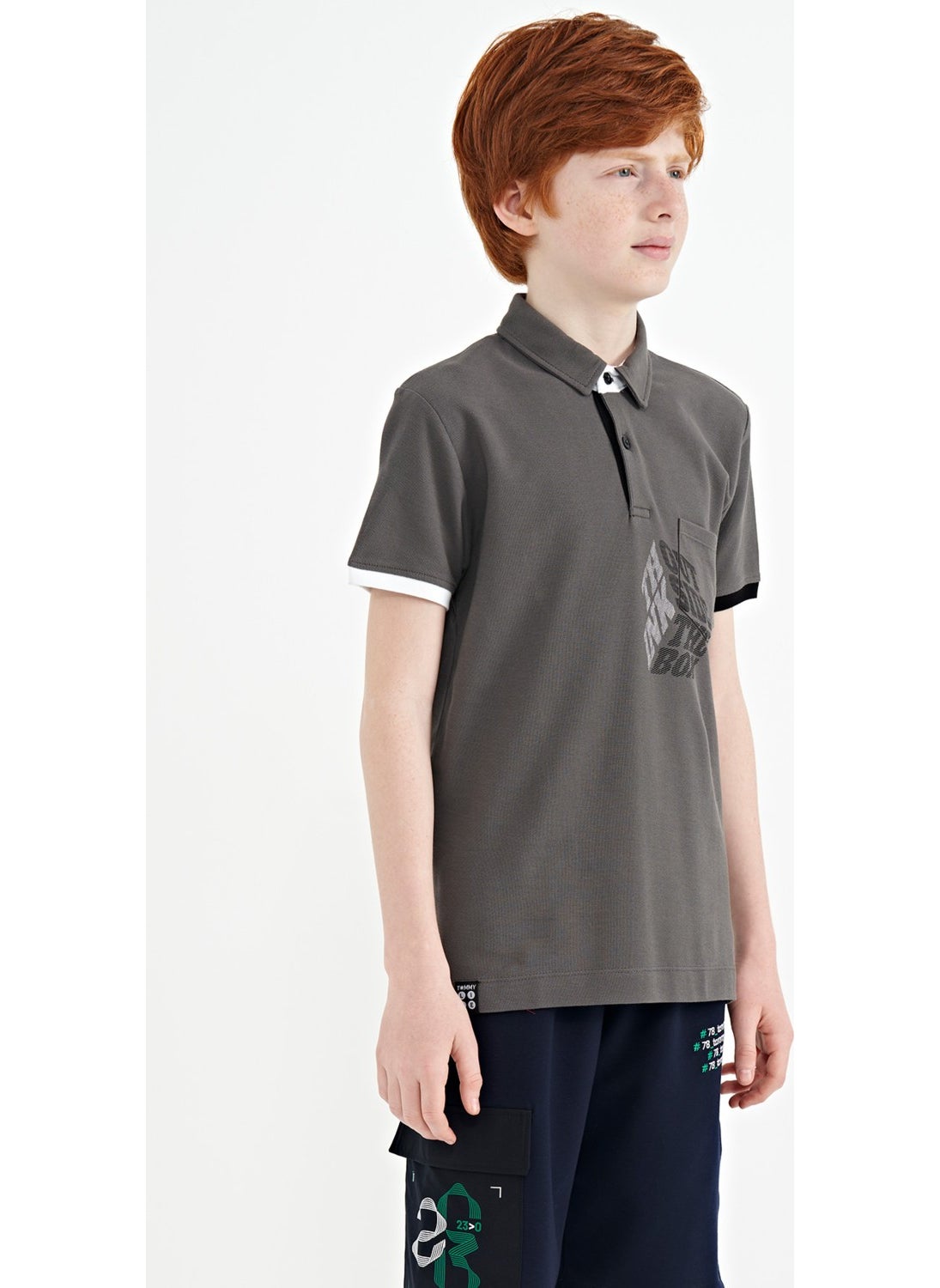 Dark Gray Front Pocket Detailed Printed Standard Size Polo Collar Boy's T-Shirt - 11102