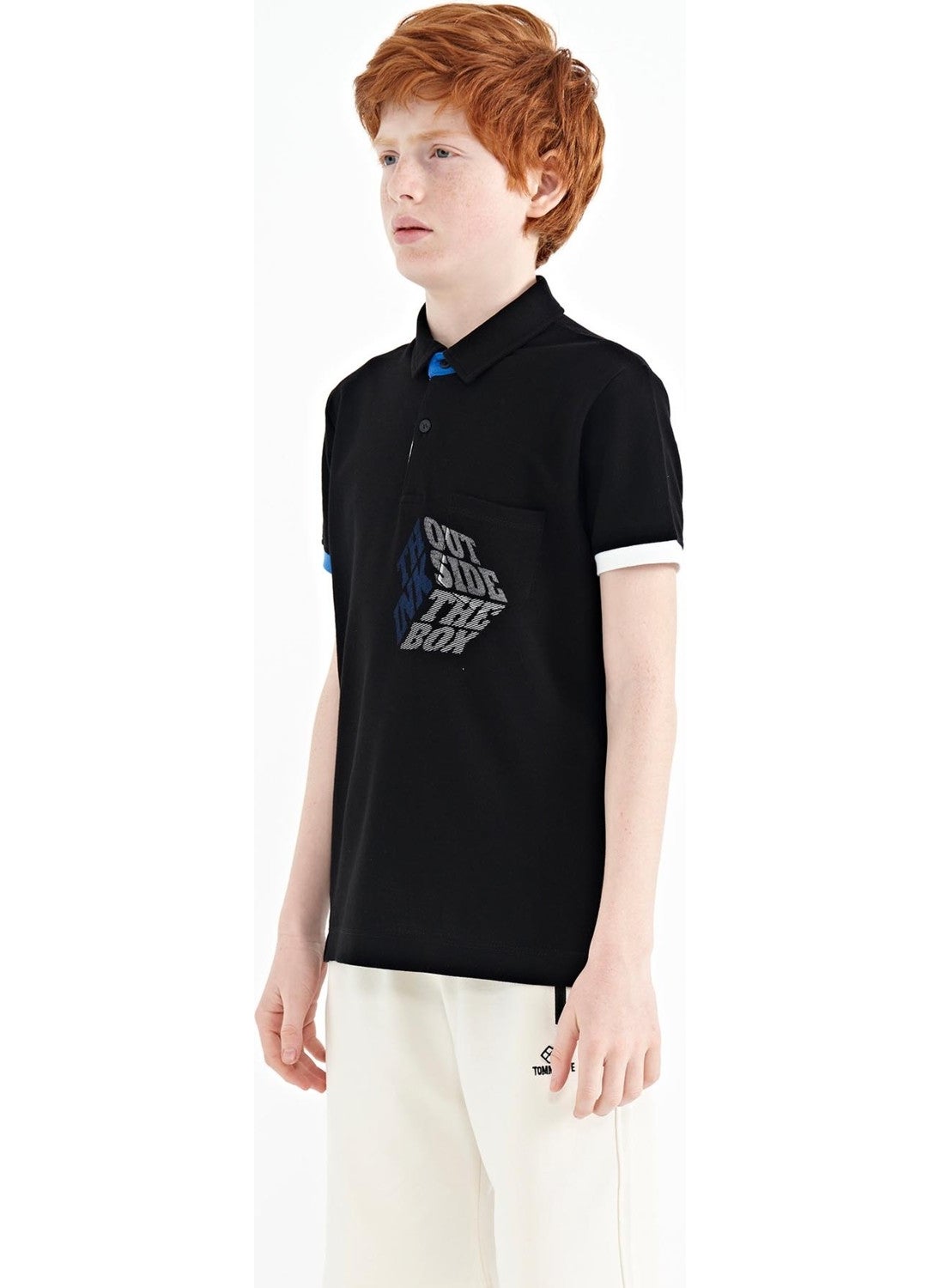 Black Front Pocket Detailed Printed Standard Size Polo Collar Boy's T-Shirt - 11102