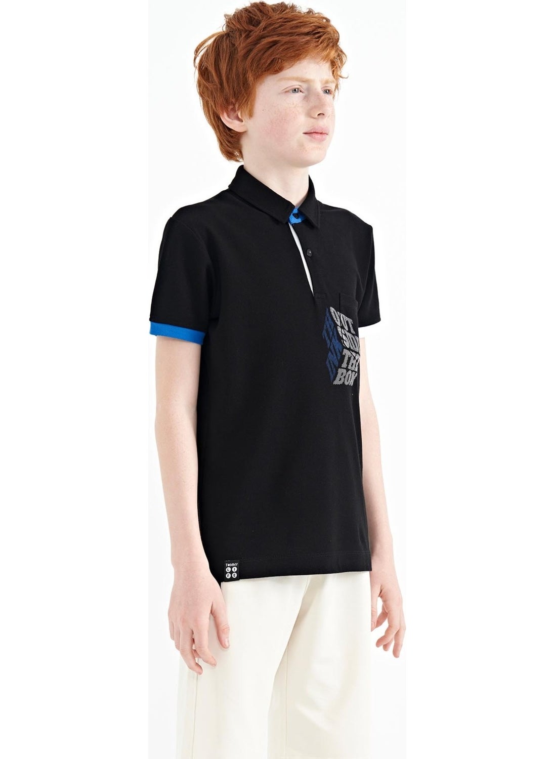 Black Front Pocket Detailed Printed Standard Size Polo Collar Boy's T-Shirt - 11102