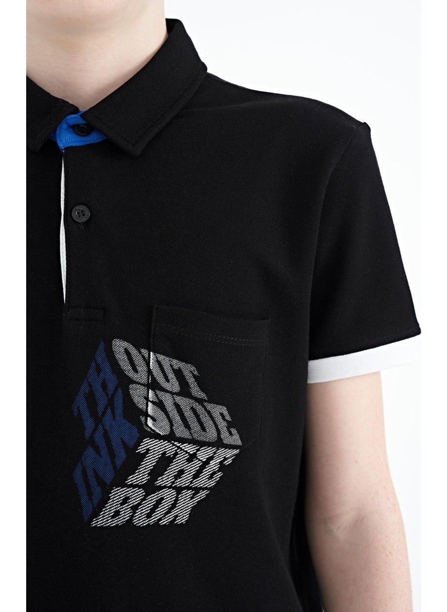 Black Front Pocket Detailed Printed Standard Size Polo Collar Boy's T-Shirt - 11102