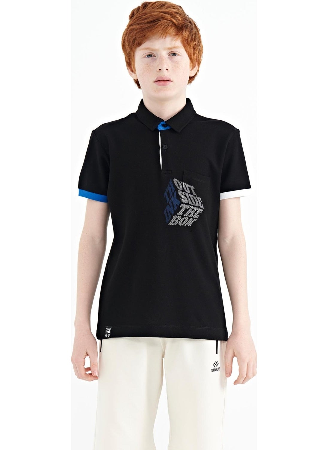 Black Front Pocket Detailed Printed Standard Size Polo Collar Boy's T-Shirt - 11102
