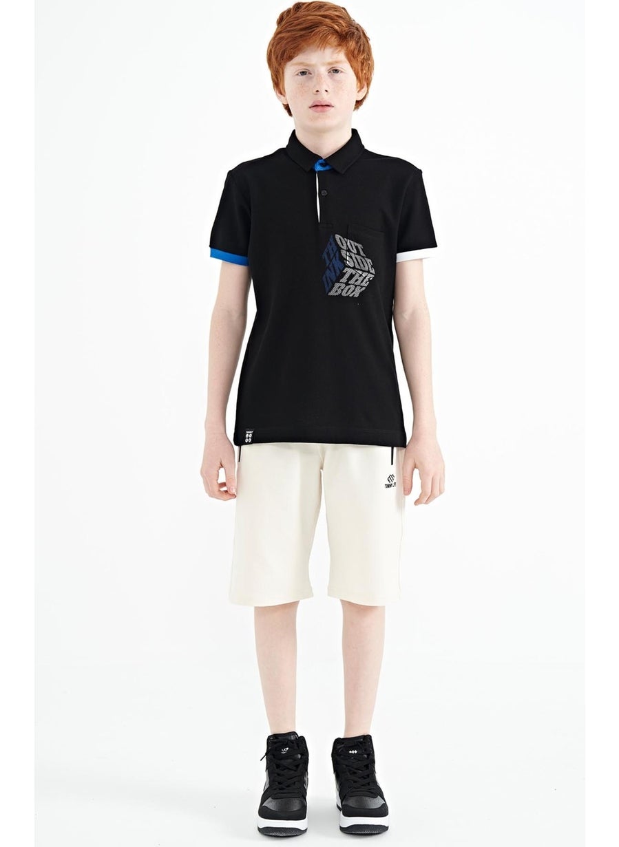 Black Front Pocket Detailed Printed Standard Size Polo Collar Boy's T-Shirt - 11102