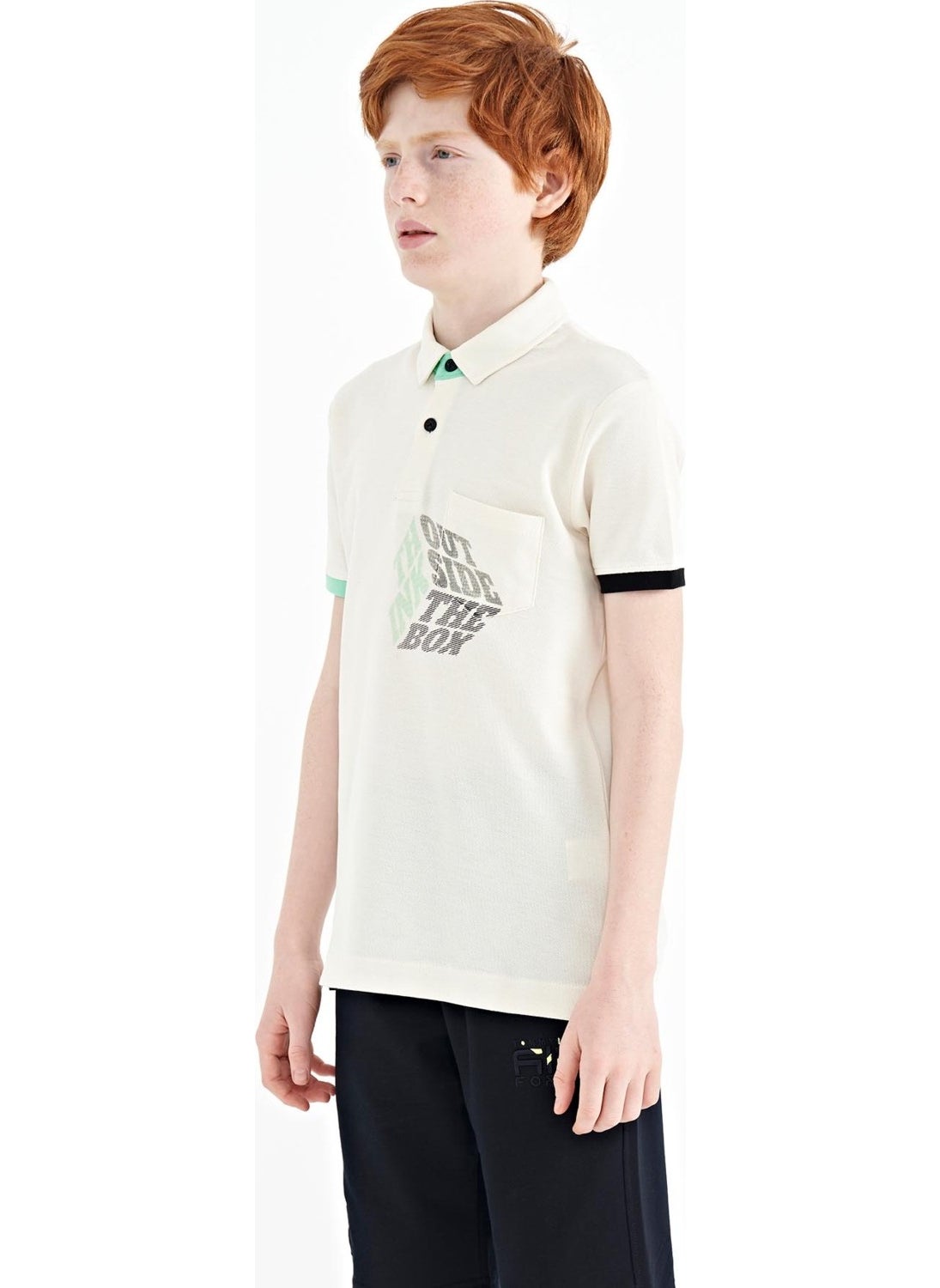 Ecru Front Pocket Detailed Printed Standard Pattern Polo Collar Boy's T-Shirt - 11102