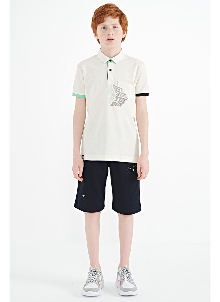 Ecru Front Pocket Detailed Printed Standard Pattern Polo Collar Boy's T-Shirt - 11102