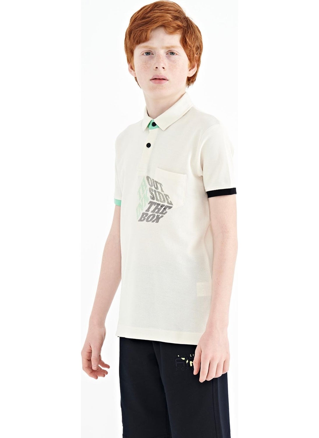 Ecru Front Pocket Detailed Printed Standard Pattern Polo Collar Boy's T-Shirt - 11102