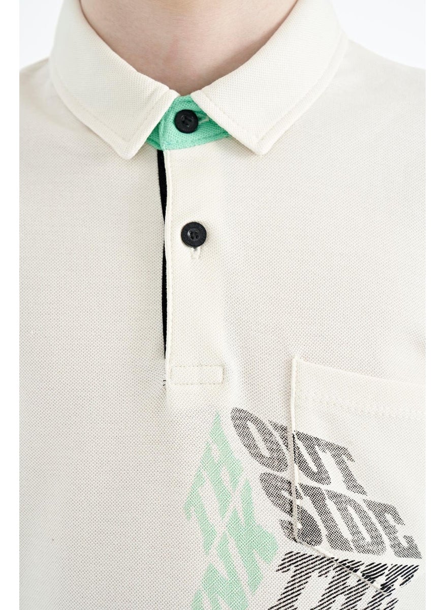 Ecru Front Pocket Detailed Printed Standard Pattern Polo Collar Boy's T-Shirt - 11102