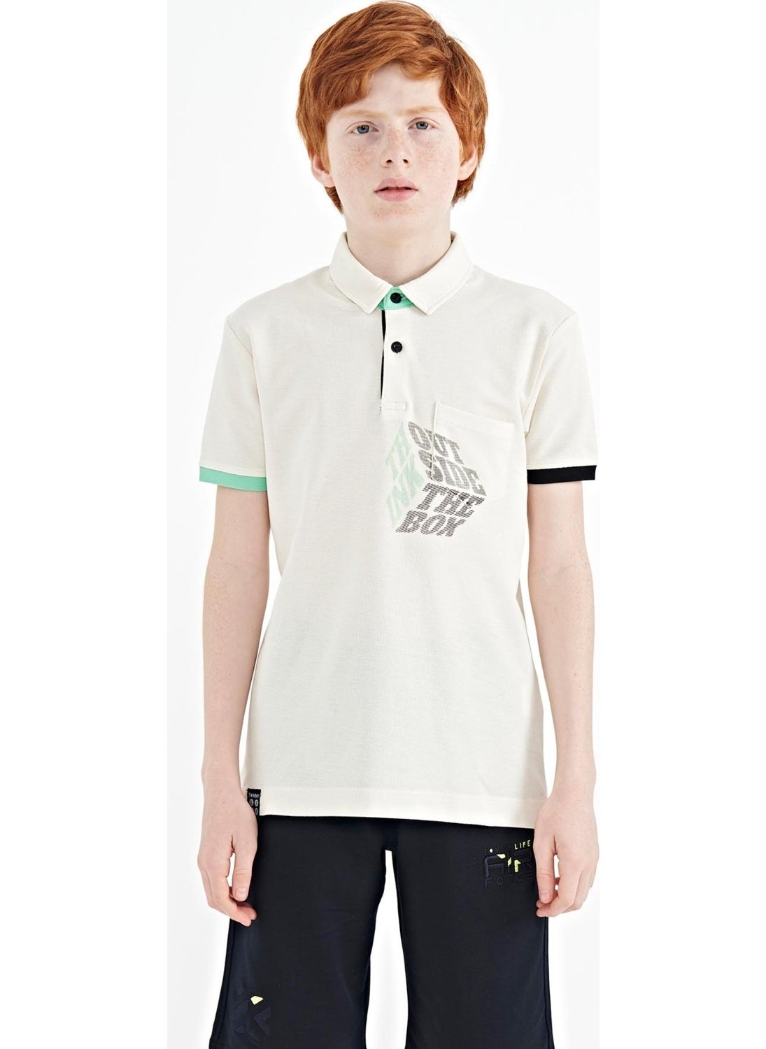 Ecru Front Pocket Detailed Printed Standard Pattern Polo Collar Boy's T-Shirt - 11102