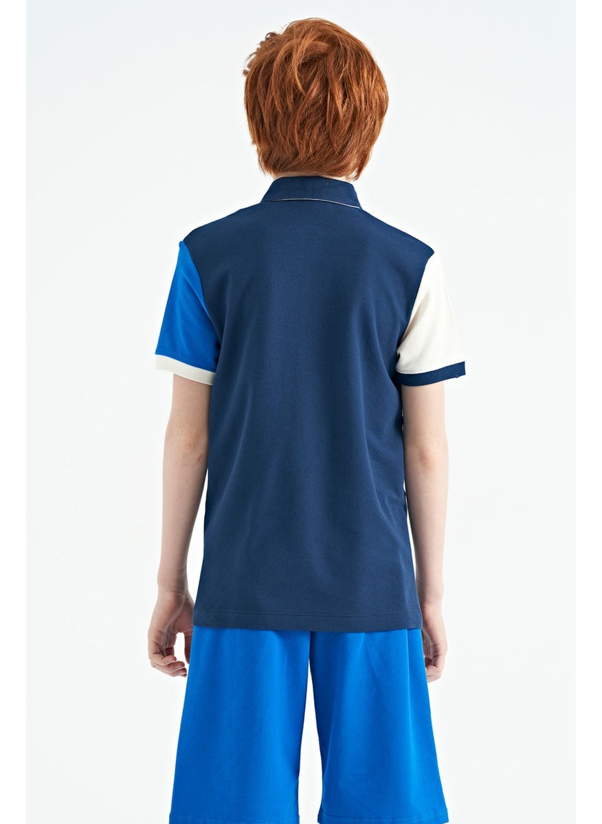 Indigo Color Block Embroidery Detailed Standard Pattern Polo Collar Boy T-Shirt - 11088