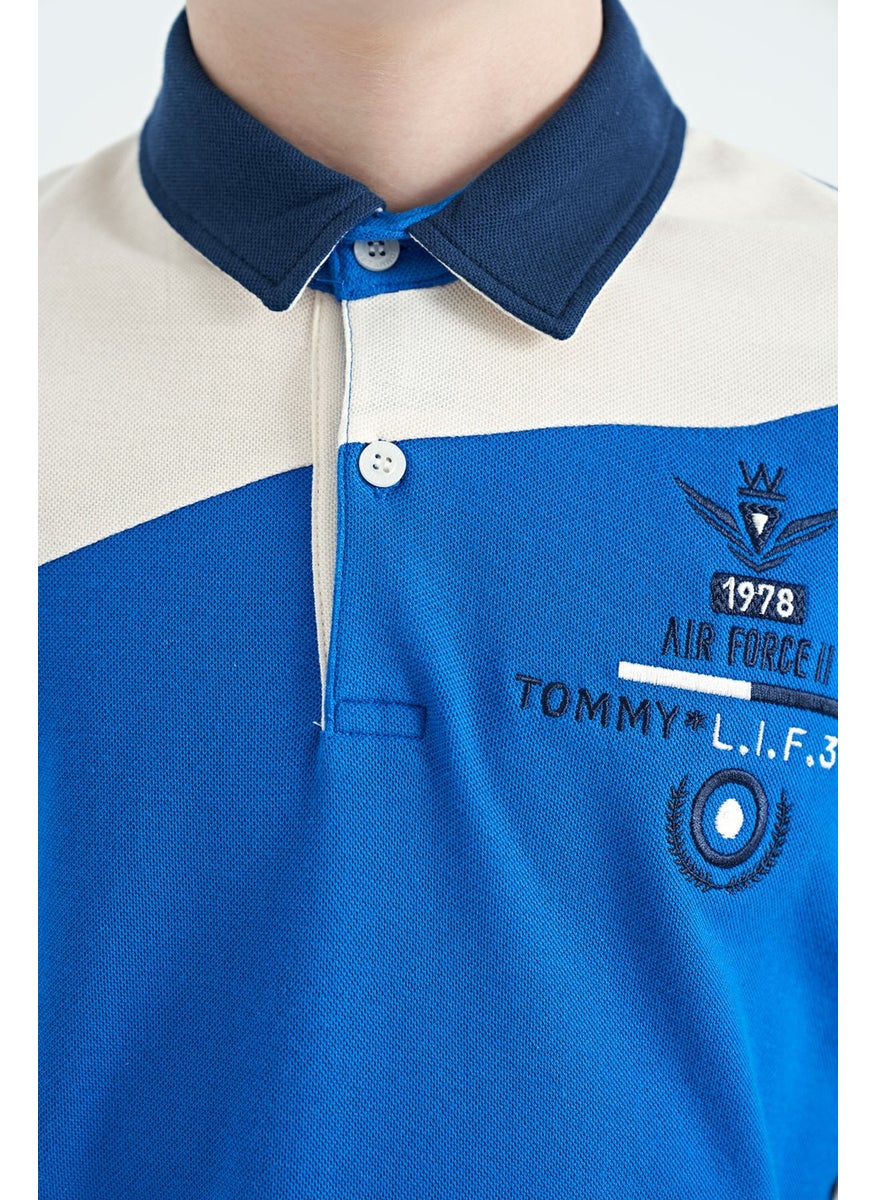 Indigo Color Block Embroidery Detailed Standard Pattern Polo Collar Boy T-Shirt - 11088