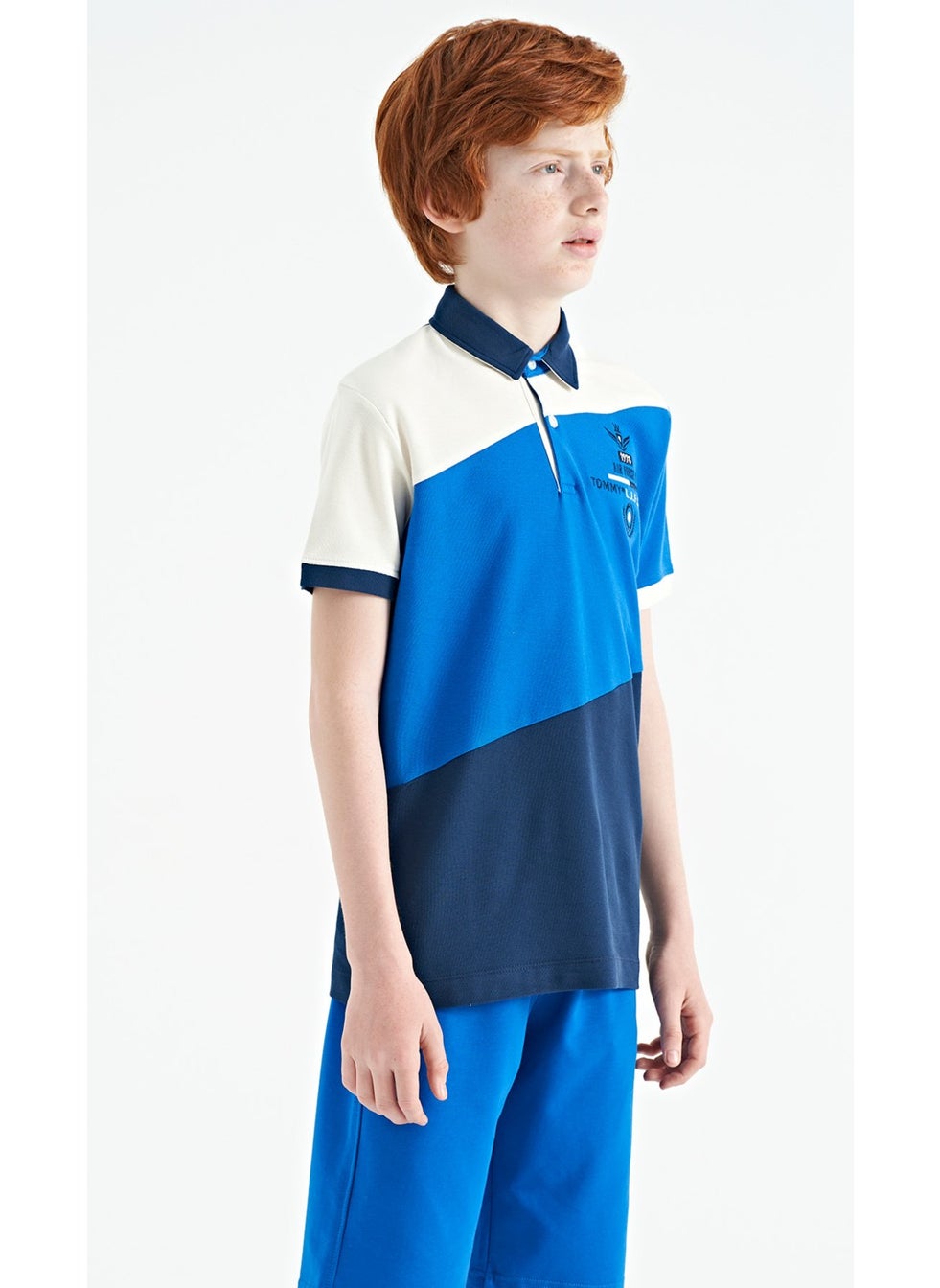 Indigo Color Block Embroidery Detailed Standard Pattern Polo Collar Boy T-Shirt - 11088