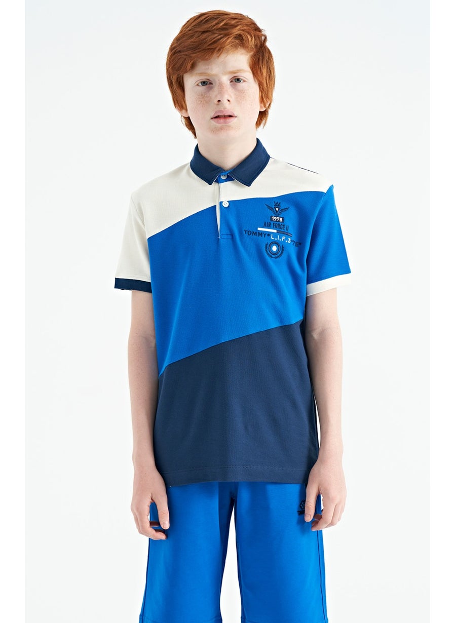 Indigo Color Block Embroidery Detailed Standard Pattern Polo Collar Boy T-Shirt - 11088