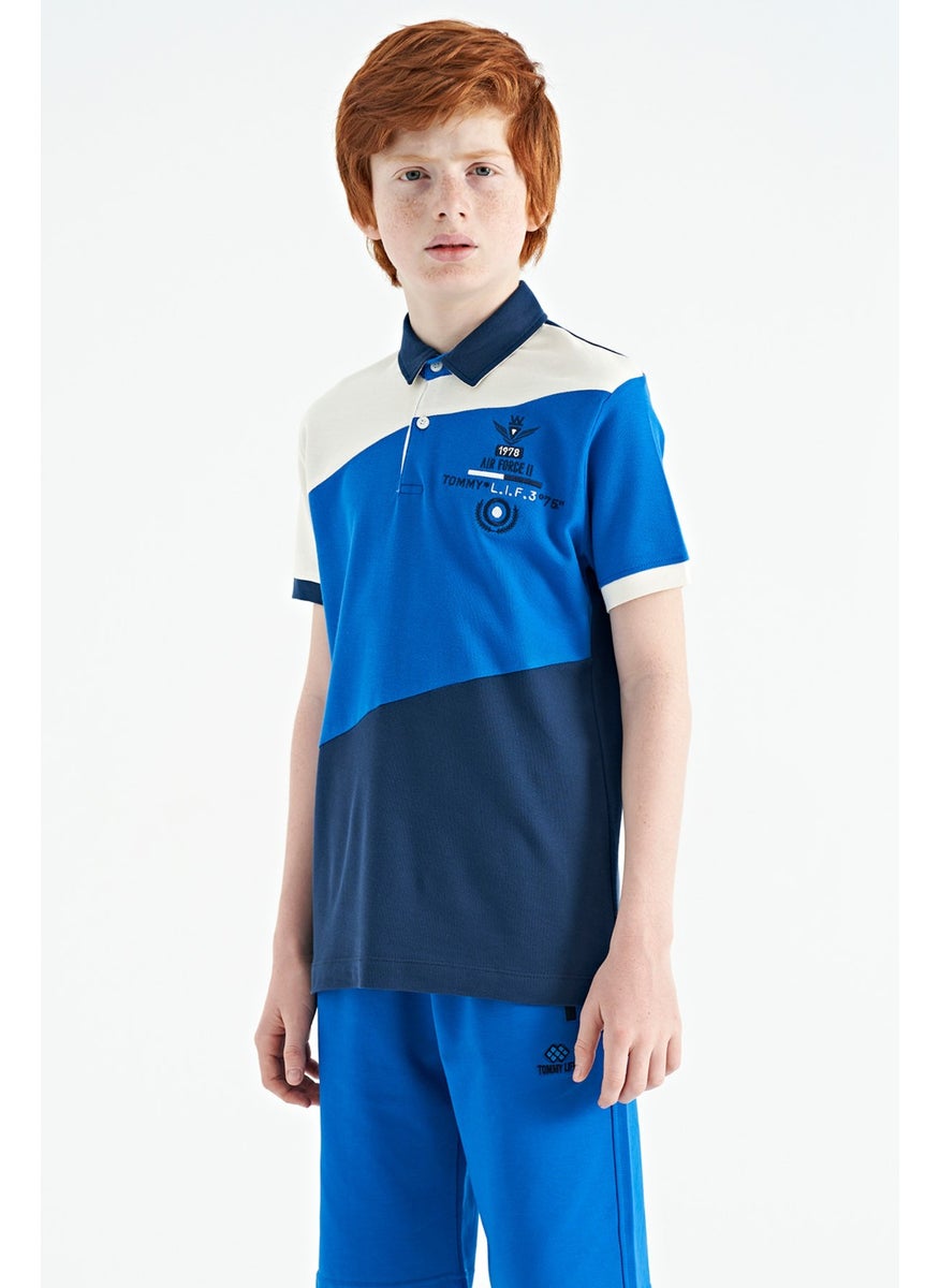 Indigo Color Block Embroidery Detailed Standard Pattern Polo Collar Boy T-Shirt - 11088