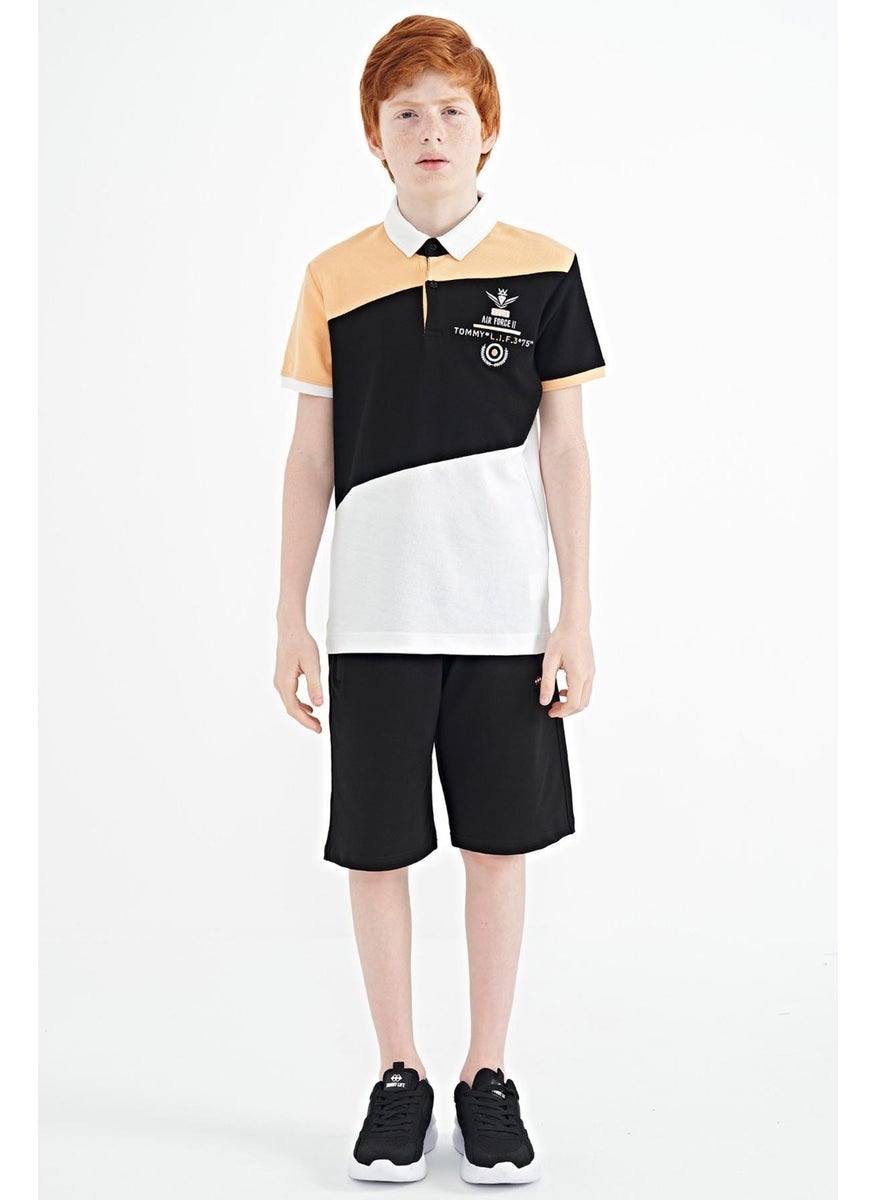 White Color Block Embroidery Detailed Standard Pattern Polo Collar Boy T-Shirt - 11088