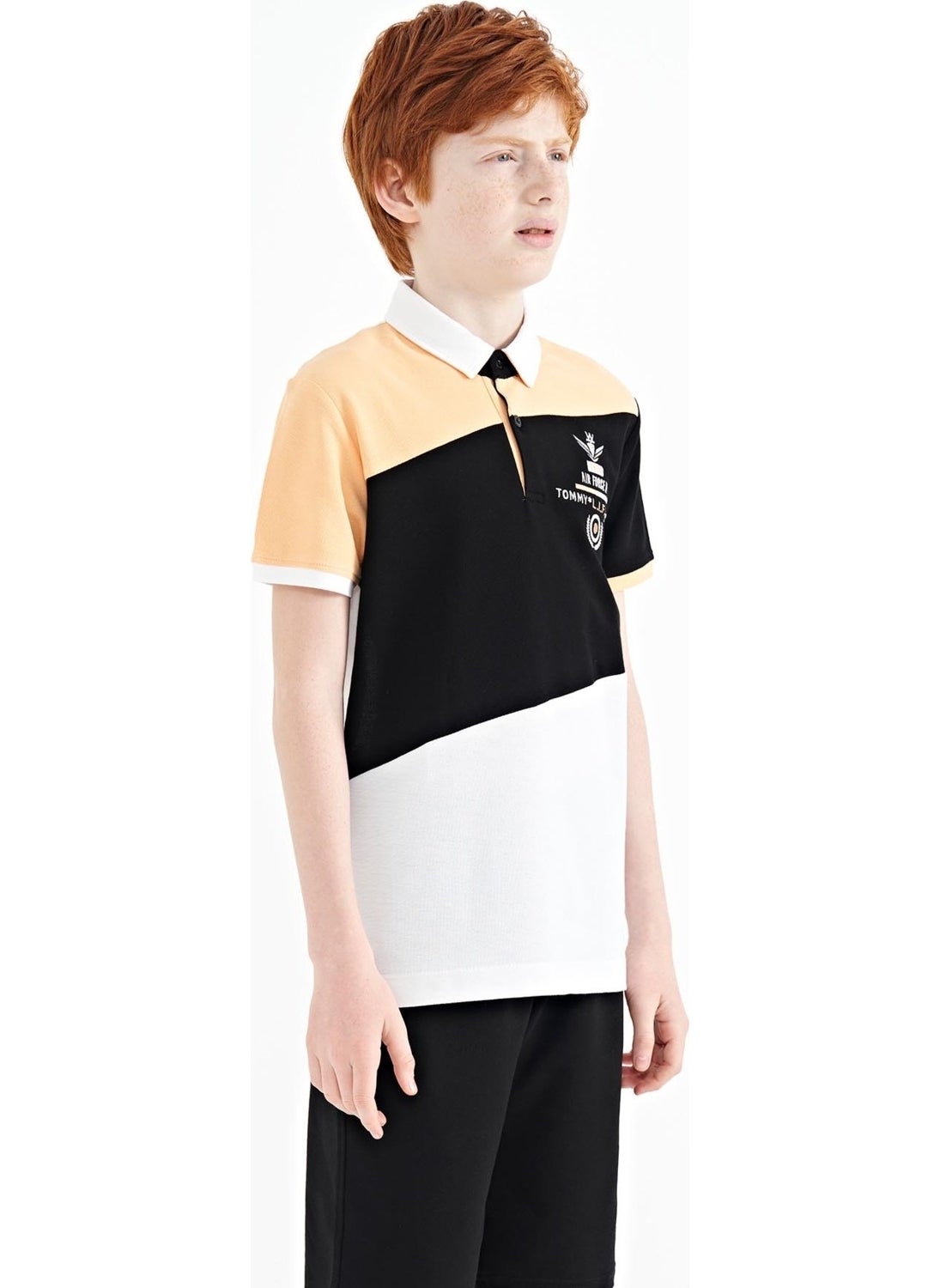White Color Block Embroidery Detailed Standard Pattern Polo Collar Boy T-Shirt - 11088