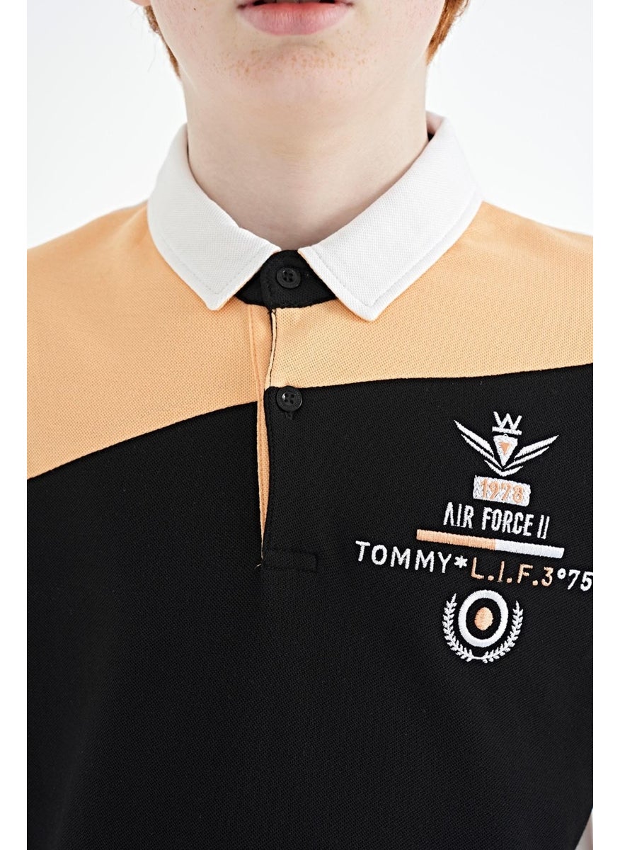 White Color Block Embroidery Detailed Standard Pattern Polo Collar Boy T-Shirt - 11088