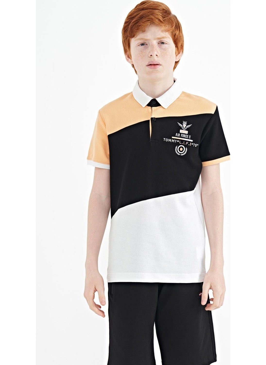 White Color Block Embroidery Detailed Standard Pattern Polo Collar Boy T-Shirt - 11088