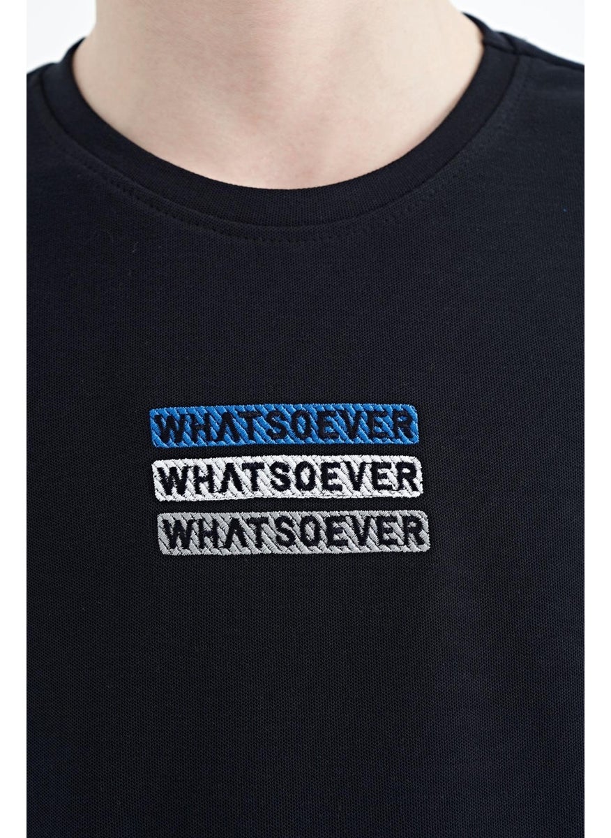 Navy Blue Text Embroidered O Neck Oversize Boy T-Shirt - 11146