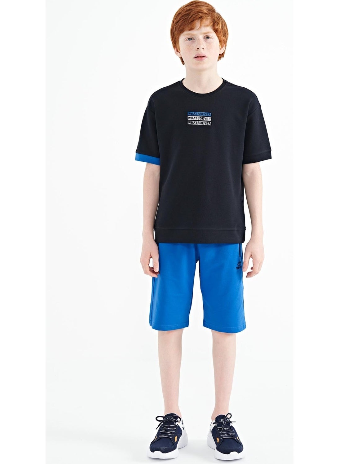 Navy Blue Text Embroidered O Neck Oversize Boy T-Shirt - 11146