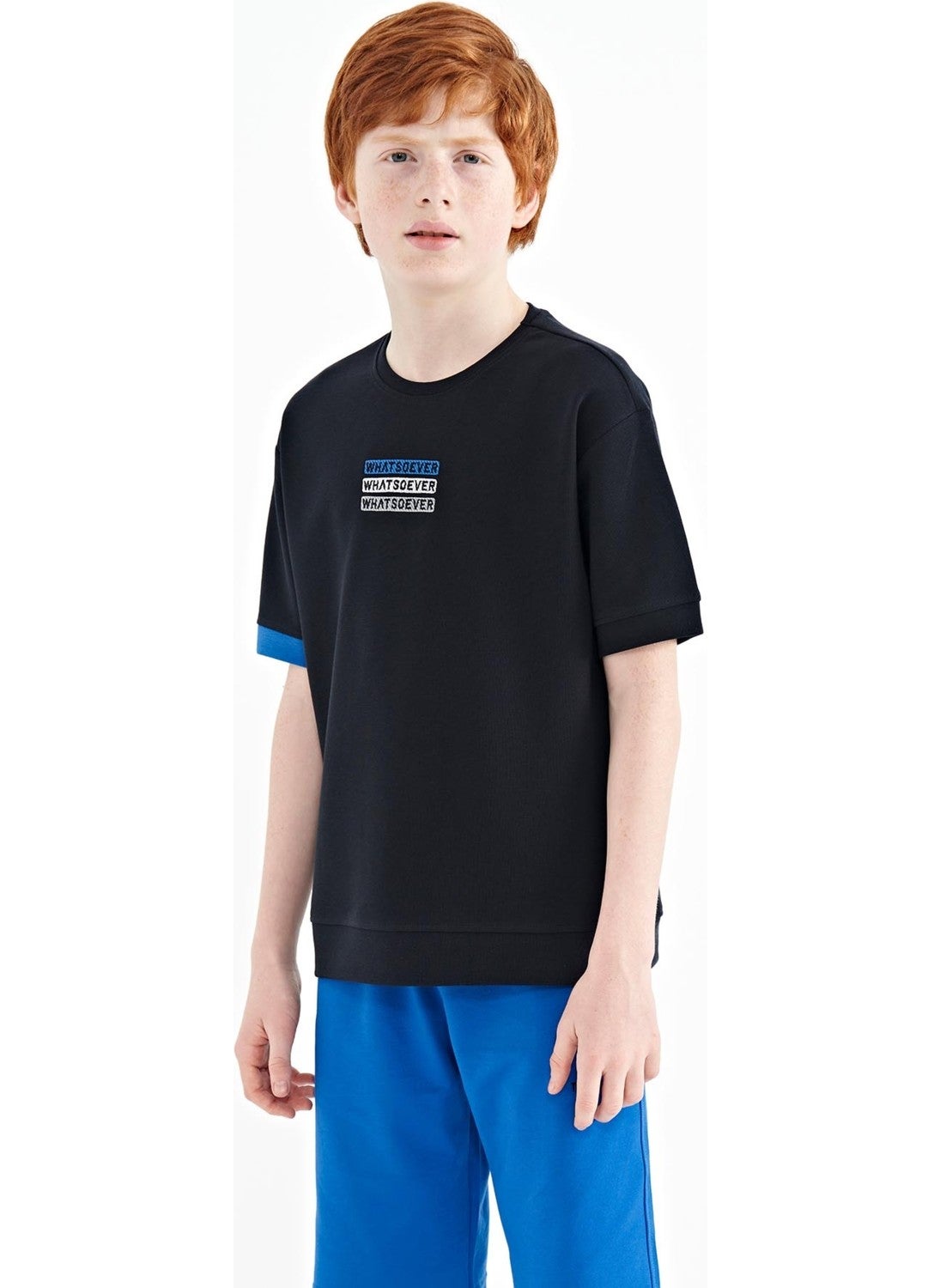 Navy Blue Text Embroidered O Neck Oversize Boy T-Shirt - 11146