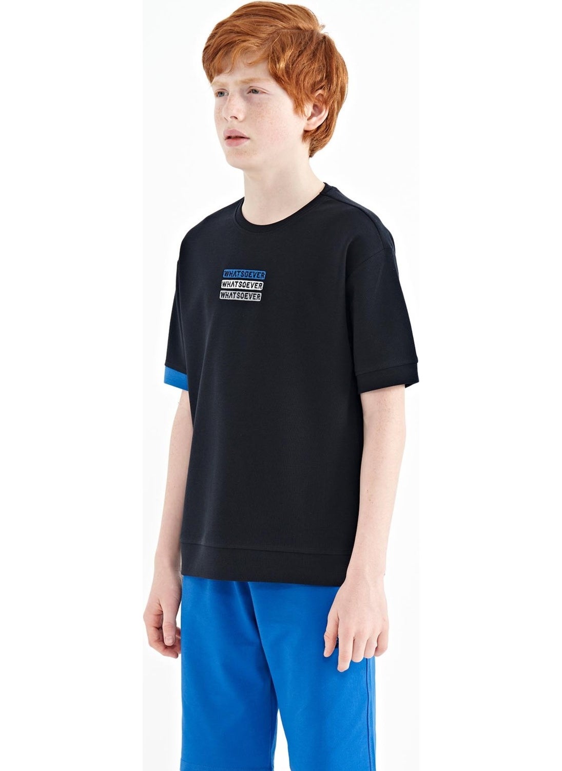 Navy Blue Text Embroidered O Neck Oversize Boy T-Shirt - 11146