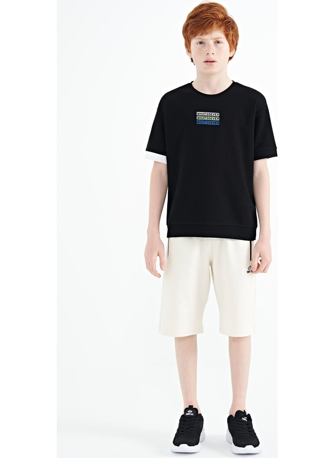 Black Text Embroidered O Neck Oversize Boy T-Shirt - 11146
