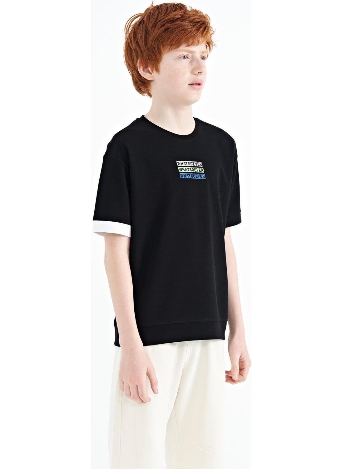 Black Text Embroidered O Neck Oversize Boy T-Shirt - 11146