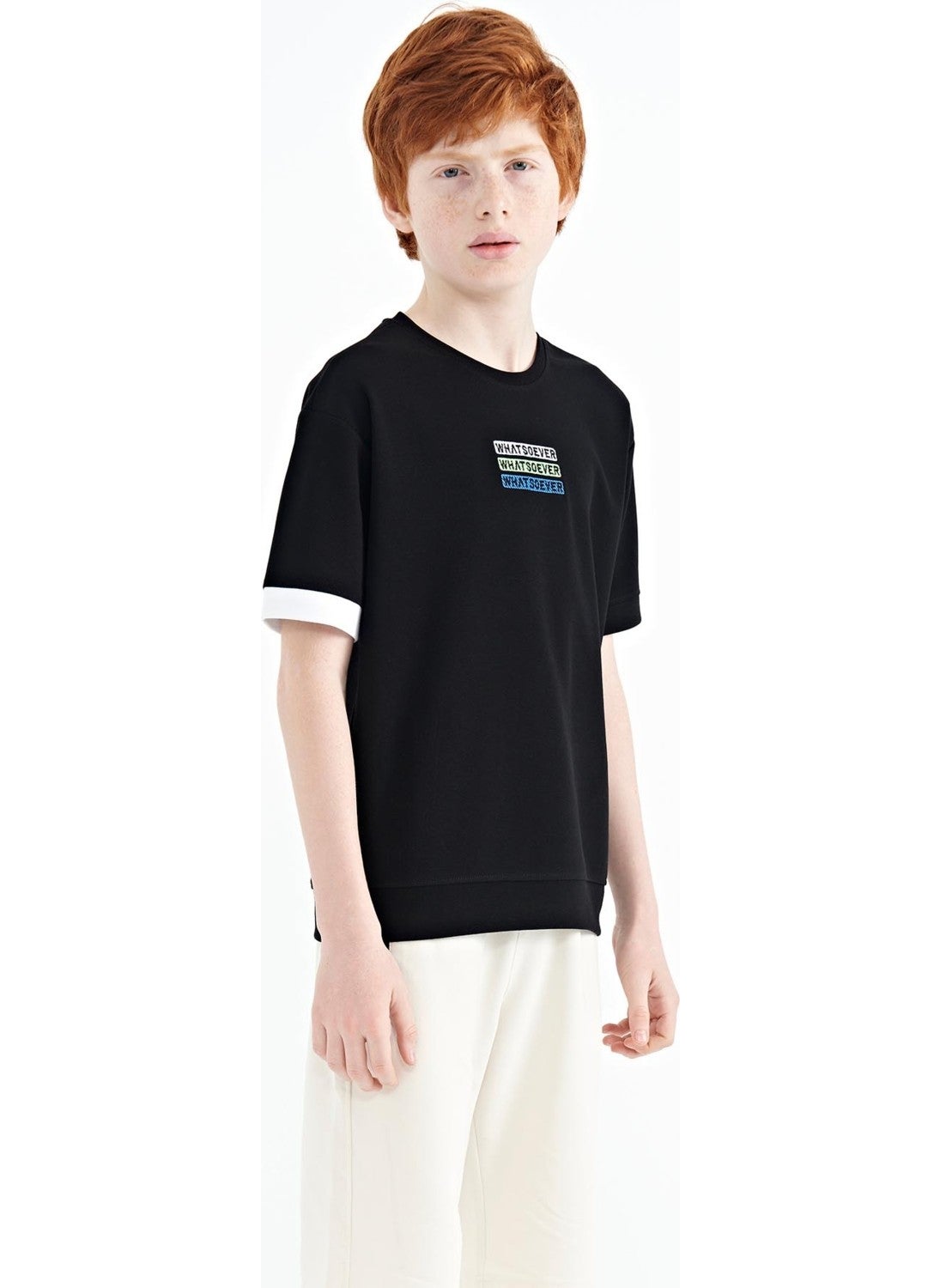Black Text Embroidered O Neck Oversize Boy T-Shirt - 11146