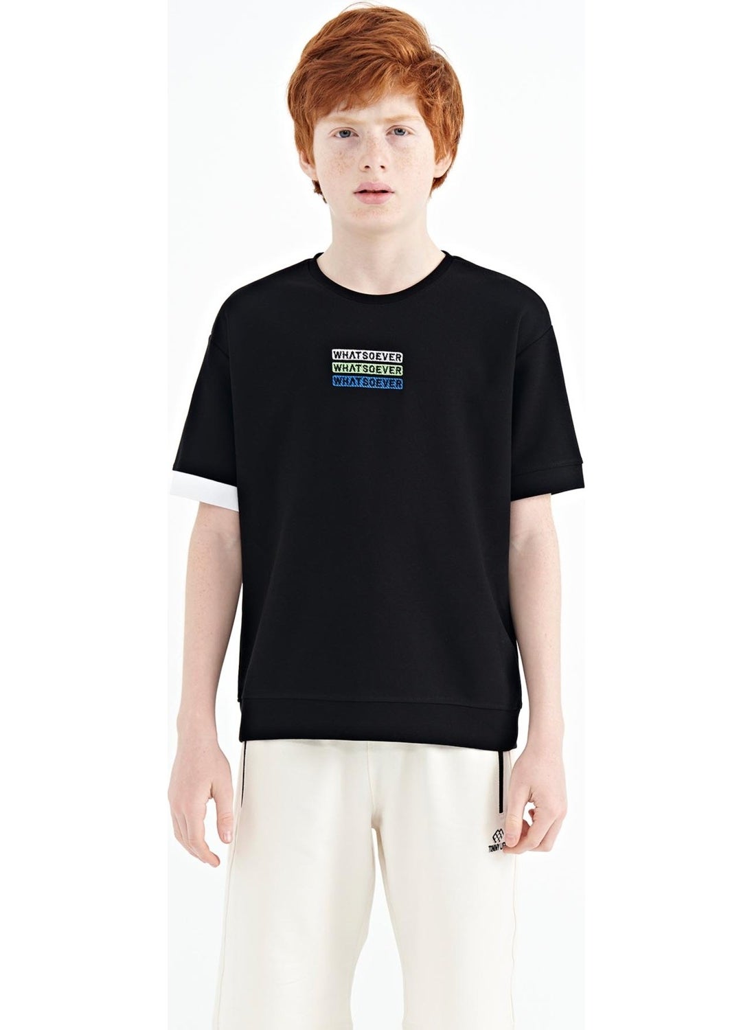 Black Text Embroidered O Neck Oversize Boy T-Shirt - 11146