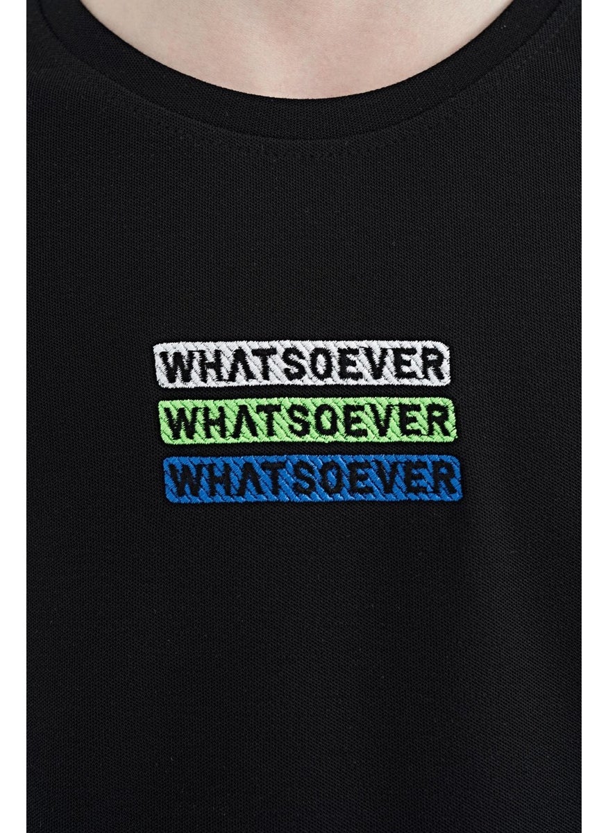 Black Text Embroidered O Neck Oversize Boy T-Shirt - 11146