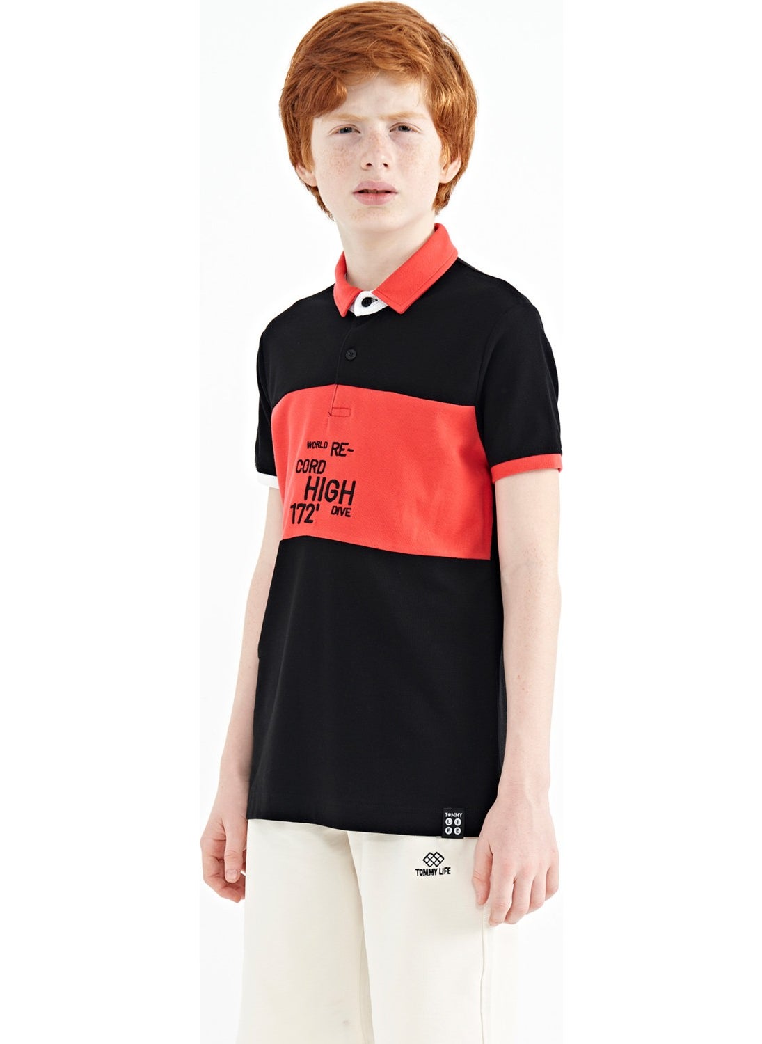 Black Color Transitional Embroidery Detailed Standard Pattern Polo Collar Boy T-Shirt - 11110