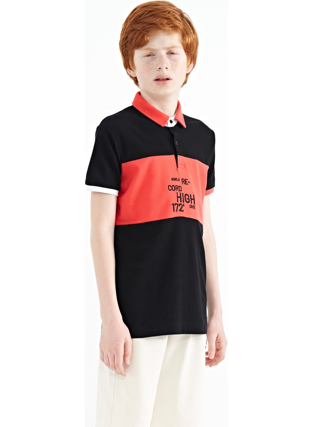 Black Color Transitional Embroidery Detailed Standard Pattern Polo Collar Boy T-Shirt - 11110